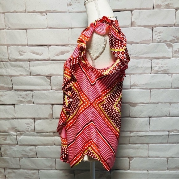 BANANA REPUBLIC-WOMENS PINK/MAUVE ABSTRACT PATTERN TOP WITH FLUTTER SLEEVES - Picture 2 of 12